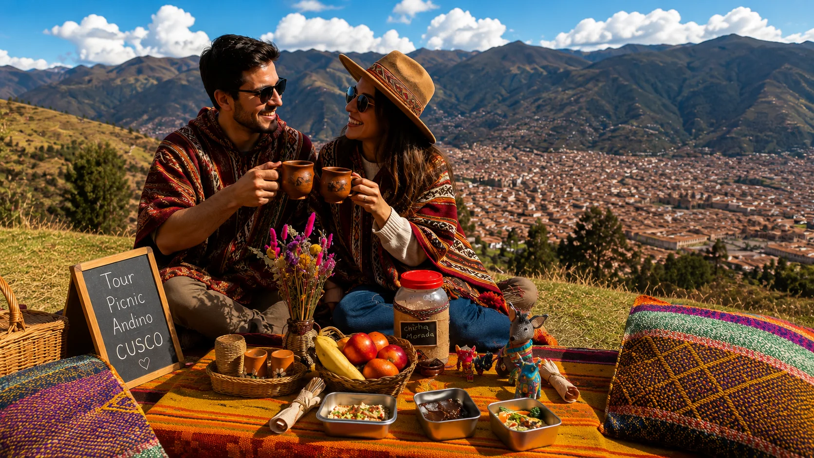 Montaje y vivencia del Picnic Andino en Cusco con vista panorámica